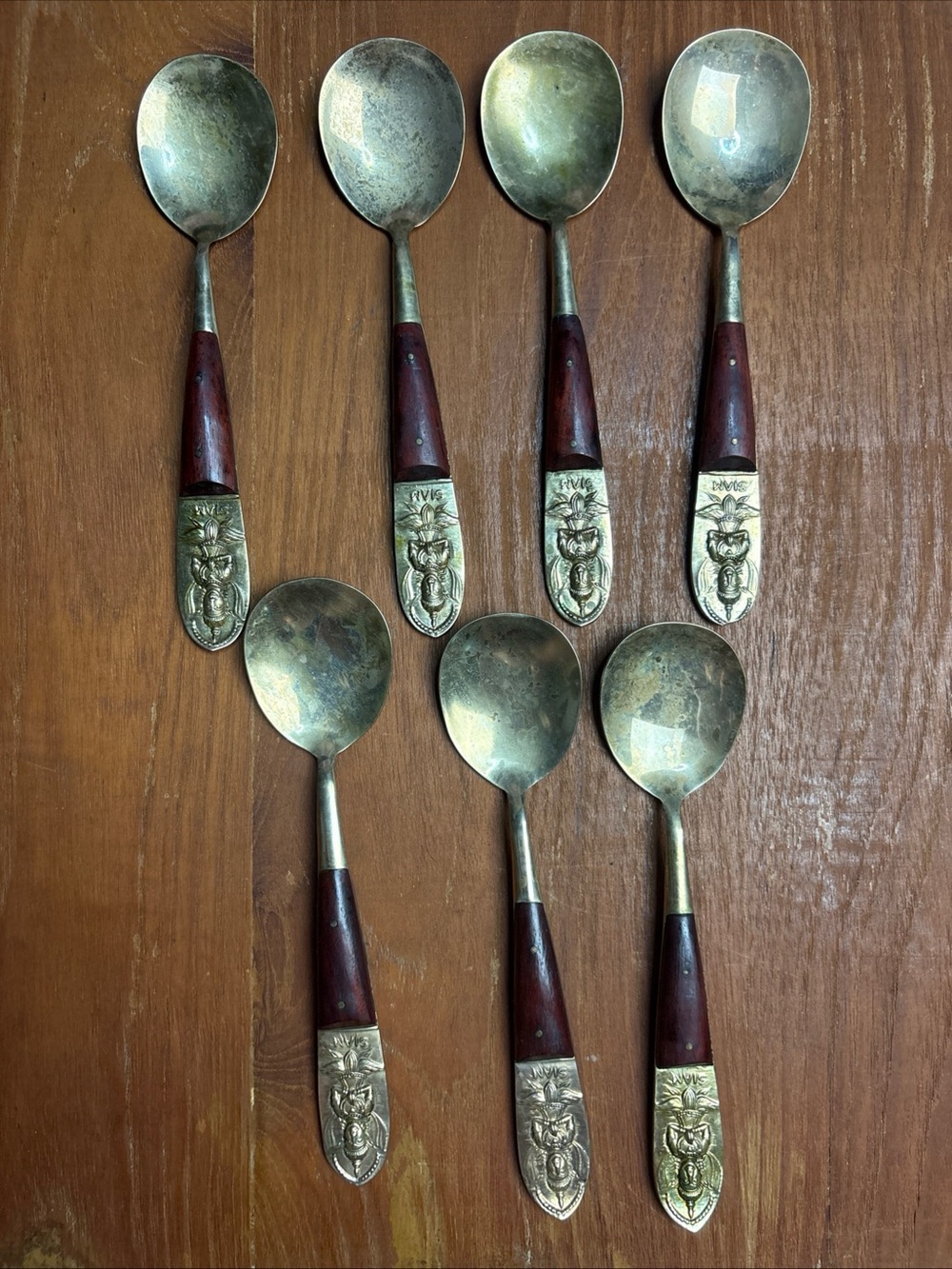 Vintage Siam Thailand Spoon 7 Pieces Wide Bowl Soup Silverware Brass Wood Handle